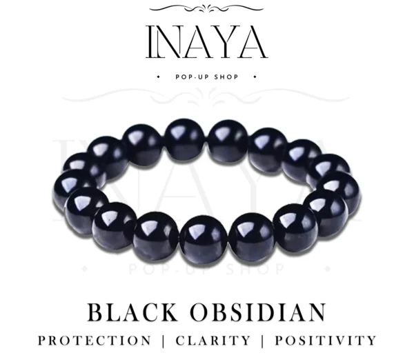 GB002 ROUND SHAPE NATURAL BLACK OBSIDIAN STONE BRACELET