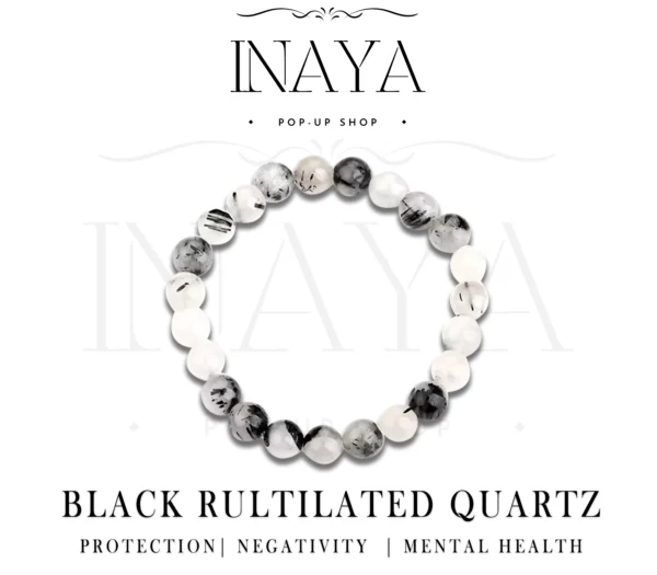 GB028 ROUND SHAPE NATURAL BLACK RULTILATED QUARTZ STONE BRACELET