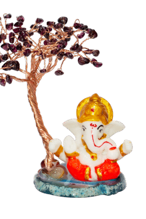 CTT005 INAYA POP-UP SHOP Garnet Crystal Tree with Lord Ganesha Idol on Stone Base – Handmade Gemstone Bonsai for Success, Protection & Positive Energy
