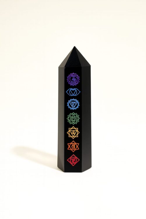 CT003 INAYA POP-UP SHOP Black Obsidian Chakra Engraved Tower | 7 Chakra Crystal Healing Obelisk | 10cm Energy Generator for Meditation, Reiki, Home Decor & Spiritual Balance