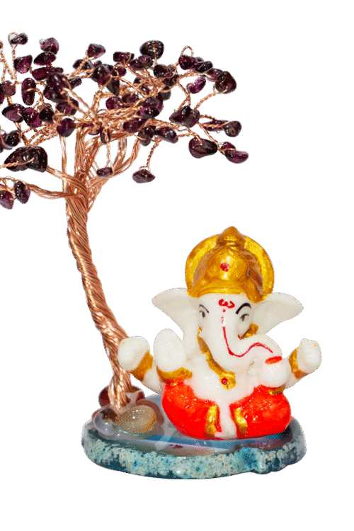 CTT005 INAYA POP-UP SHOP Garnet Crystal Tree with Lord Ganesha Idol on Stone Base – Handmade Gemstone Bonsai for Success, Protection & Positive Energy
