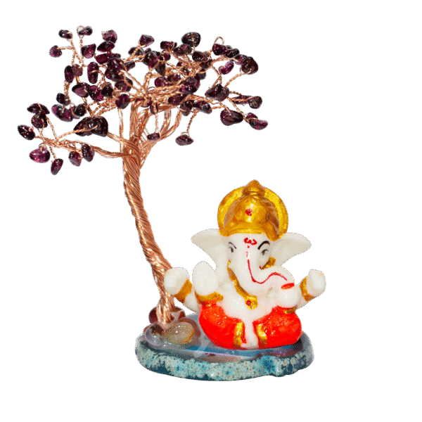 CTT005 INAYA POP-UP SHOP Garnet Crystal Tree with Lord Ganesha Idol on Stone Base – Handmade Gemstone Bonsai for Success, Protection & Positive Energy