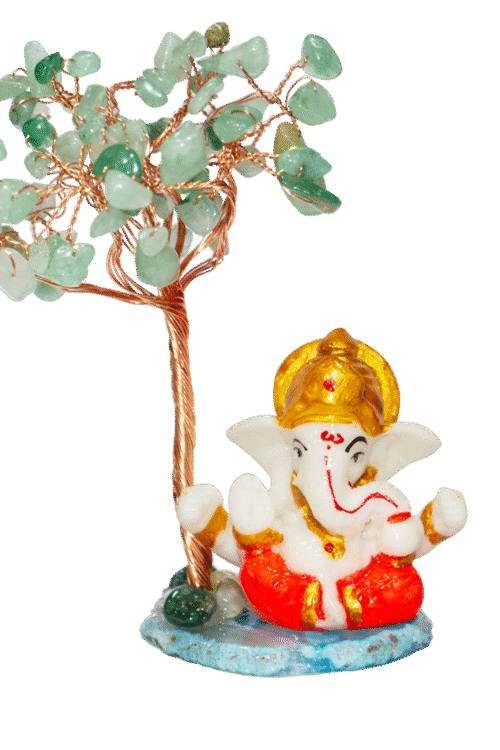 CTT008 INAYA POP-UP SHOP Green Aventurine Crystal Tree with Lord Ganesha Idol on Stone Base – Handmade Gemstone Bonsai for Luck, Prosperity & Positive Energy