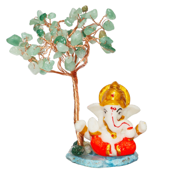 CTT008 INAYA POP-UP SHOP Green Aventurine Crystal Tree with Lord Ganesha Idol on Stone Base – Handmade Gemstone Bonsai for Luck, Prosperity & Positive Energy