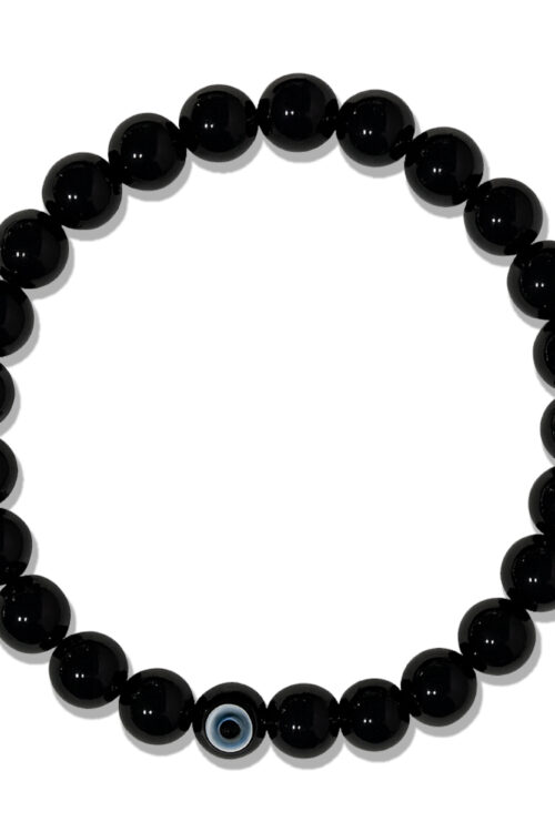 GB030 ROUND SHAPE NATURAL BLACK OBSIDIAN WITH EVIL EYE BRACELET
