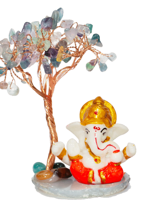 CTT012 INAYA POP-UP SHOP Fluorite Crystal Tree with Lord Ganesha Idol on Stone Base – Handmade Gemstone Bonsai for Focus, Clarity & Positive Energy