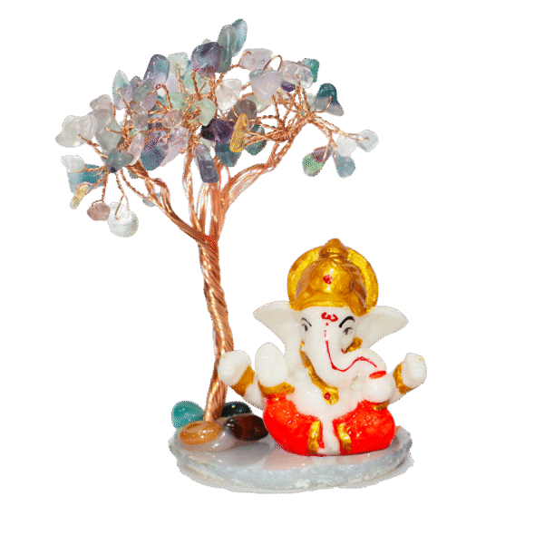 CTT012 INAYA POP-UP SHOP Fluorite Crystal Tree with Lord Ganesha Idol on Stone Base – Handmade Gemstone Bonsai for Focus, Clarity & Positive Energy