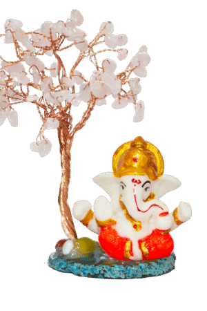 CTT010 INAYA POP-UP SHOP Rose Quartz Crystal Tree with Lord Ganesha Idol on Stone Base – Handmade Gemstone Bonsai for Love, Peace & Positive Energy