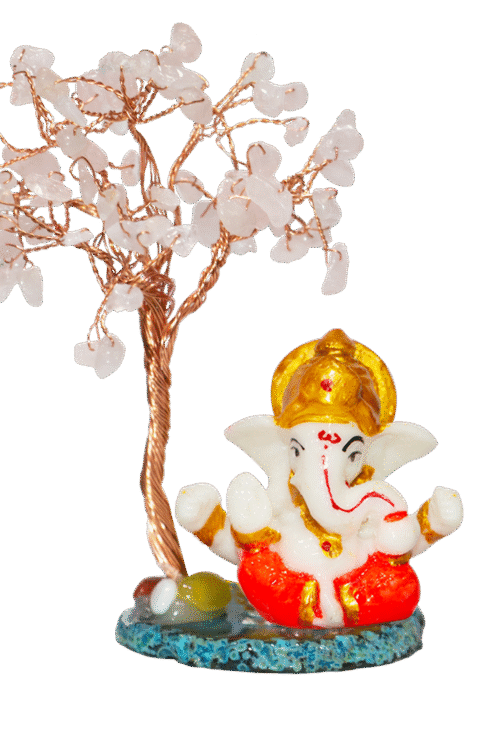 CTT010 INAYA POP-UP SHOP Rose Quartz Crystal Tree with Lord Ganesha Idol on Stone Base – Handmade Gemstone Bonsai for Love, Peace & Positive Energy