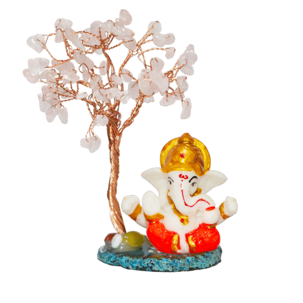 CTT010 INAYA POP-UP SHOP Rose Quartz Crystal Tree with Lord Ganesha Idol on Stone Base – Handmade Gemstone Bonsai for Love, Peace & Positive Energy