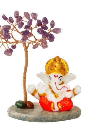 CTT011 INAYA POP-UP SHOP Amethyst Crystal Tree with Lord Ganesha Idol on Stone Base – Handmade Gemstonae Bonsai for Prosperity, Protection & Positive Energy