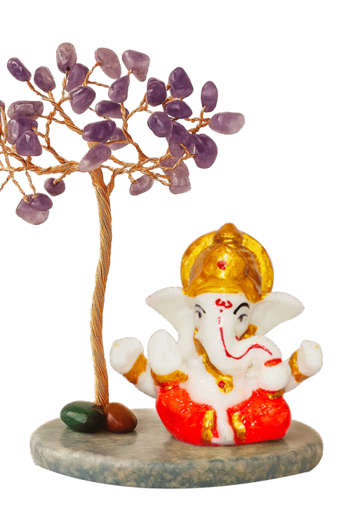 CTT011 INAYA POP-UP SHOP Amethyst Crystal Tree with Lord Ganesha Idol on Stone Base – Handmade Gemstonae Bonsai for Prosperity, Protection & Positive Energy