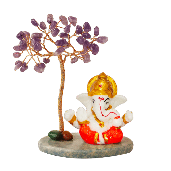 CTT011 INAYA POP-UP SHOP Amethyst Crystal Tree with Lord Ganesha Idol on Stone Base – Handmade Gemstonae Bonsai for Prosperity, Protection & Positive Energy