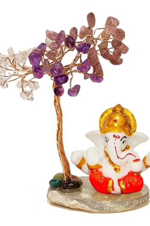 CTT006 INAYA POP-UP SHOP Amethyst Crystal Tree with Lord Ganesha Idol on Stone Base – Handmade Gemstone Bonsai for Prosperity, Protection & Positive Energy
