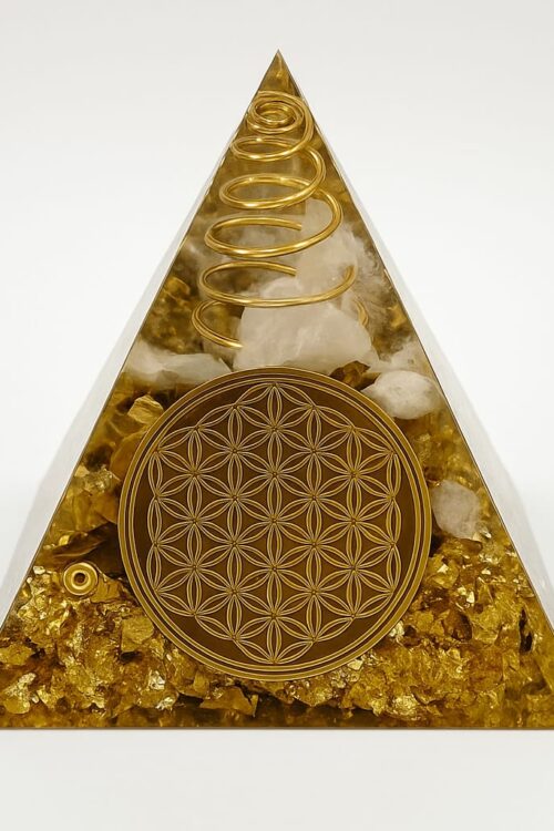 SP001 Orgonite Pyramid with Citrine & Clear Quartz | Golden Energy Healing Crystal Pyramid with Flower of Life Symbol | EMF Protection, Vastu, Reiki & Home Décor