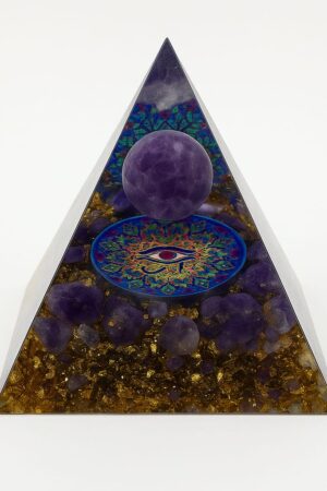 SP002 Tree of Life Orgone Pyramid with Amethyst | Handmade Energy Pyramid for Healing, Focus & EMF Protection | Meditation Crystal with Golden Flakes