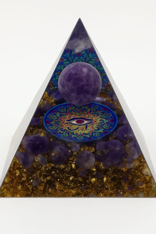 SP002 Tree of Life Orgone Pyramid with Amethyst | Handmade Energy Pyramid for Healing, Focus & EMF Protection | Meditation Crystal with Golden Flakes