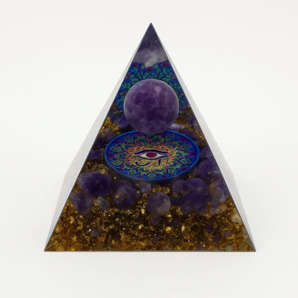 SP002 Tree of Life Orgone Pyramid with Amethyst | Handmade Energy Pyramid for Healing, Focus & EMF Protection | Meditation Crystal with Golden Flakes