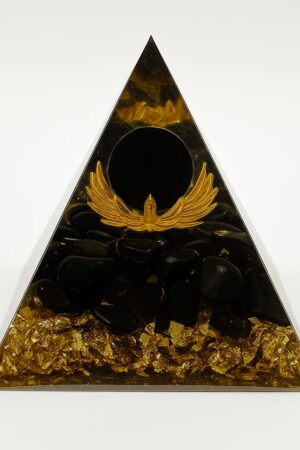 SP004 Black & Gold Orgone Pyramid with Lotus Flower | Spiritual Protection Pyramid with Obsidian Crystals for Meditation, Energy Cleansing & EMF Shielding