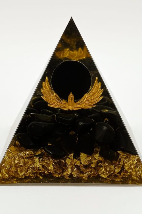 SP004 Black & Gold Orgone Pyramid with Lotus Flower | Spiritual Protection Pyramid with Obsidian Crystals for Meditation, Energy Cleansing & EMF Shielding