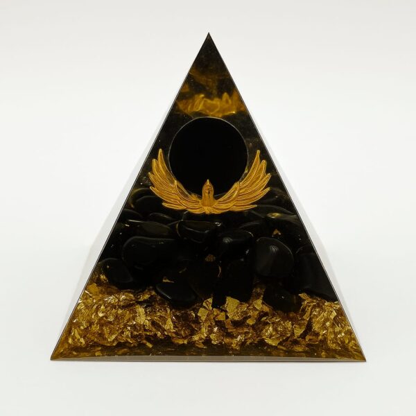 SP004 Black & Gold Orgone Pyramid with Lotus Flower | Spiritual Protection Pyramid with Obsidian Crystals for Meditation, Energy Cleansing & EMF Shielding
