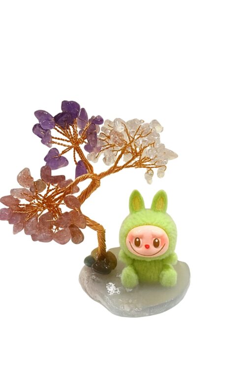 CTT004 Mini Crystal Tree with Green Bunny Plush | Amethyst, Rose Quartz & Clear Quartz on Polished Stone Base | Handmade Gift & Spiritual Décor for Desk or Kids Room