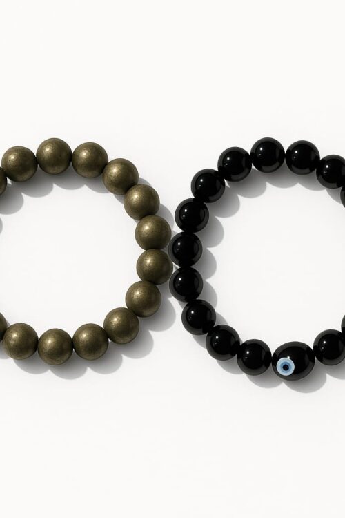 GB032 COMBO OF ROUND SHAPE NATURAL PYRITE & BLACK OBSIDIAN STONE BRACELET