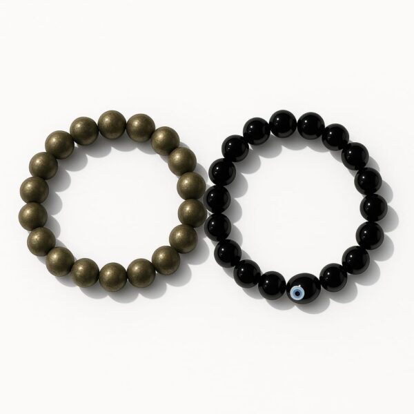 GB032 COMBO OF ROUND SHAPE NATURAL PYRITE & BLACK OBSIDIAN STONE BRACELET