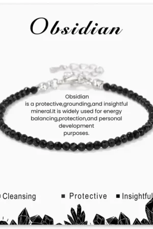 SB010 2MM SILVER PLATED BLACK OBSIDIAN STONE BEAD BRACELET