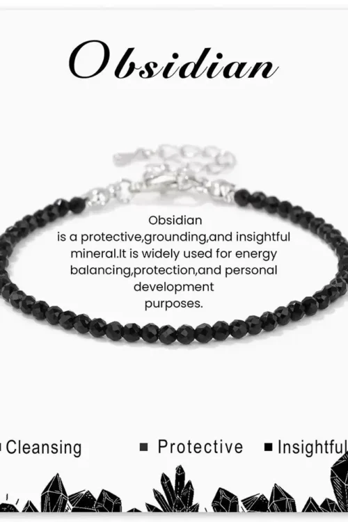 SB010 2MM SILVER PLATED BLACK OBSIDIAN STONE BEAD BRACELET